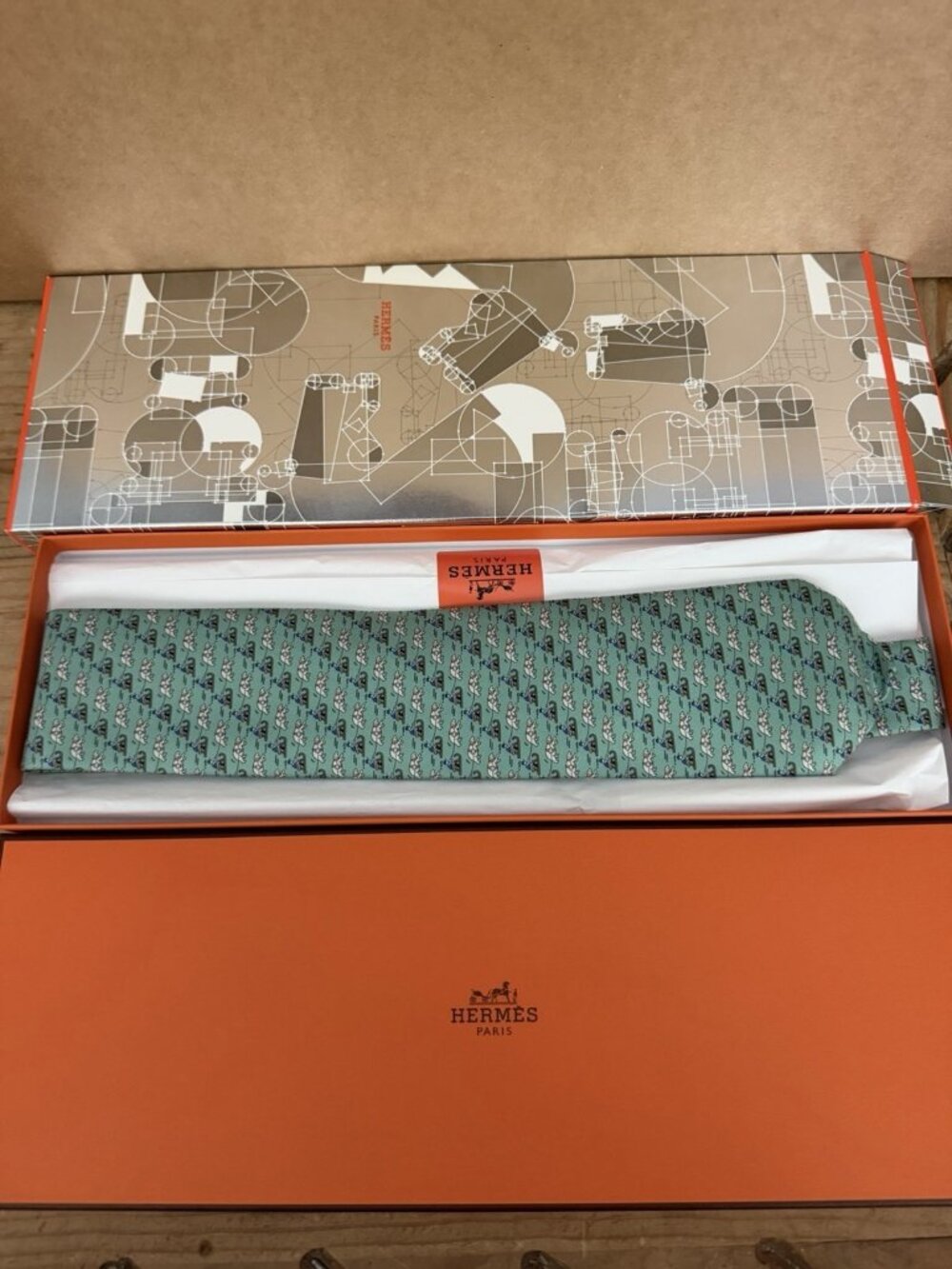 Hermès Paris Ours Polaire Silk Twill 8cm Mint Green Tie Polar Bear Sled France